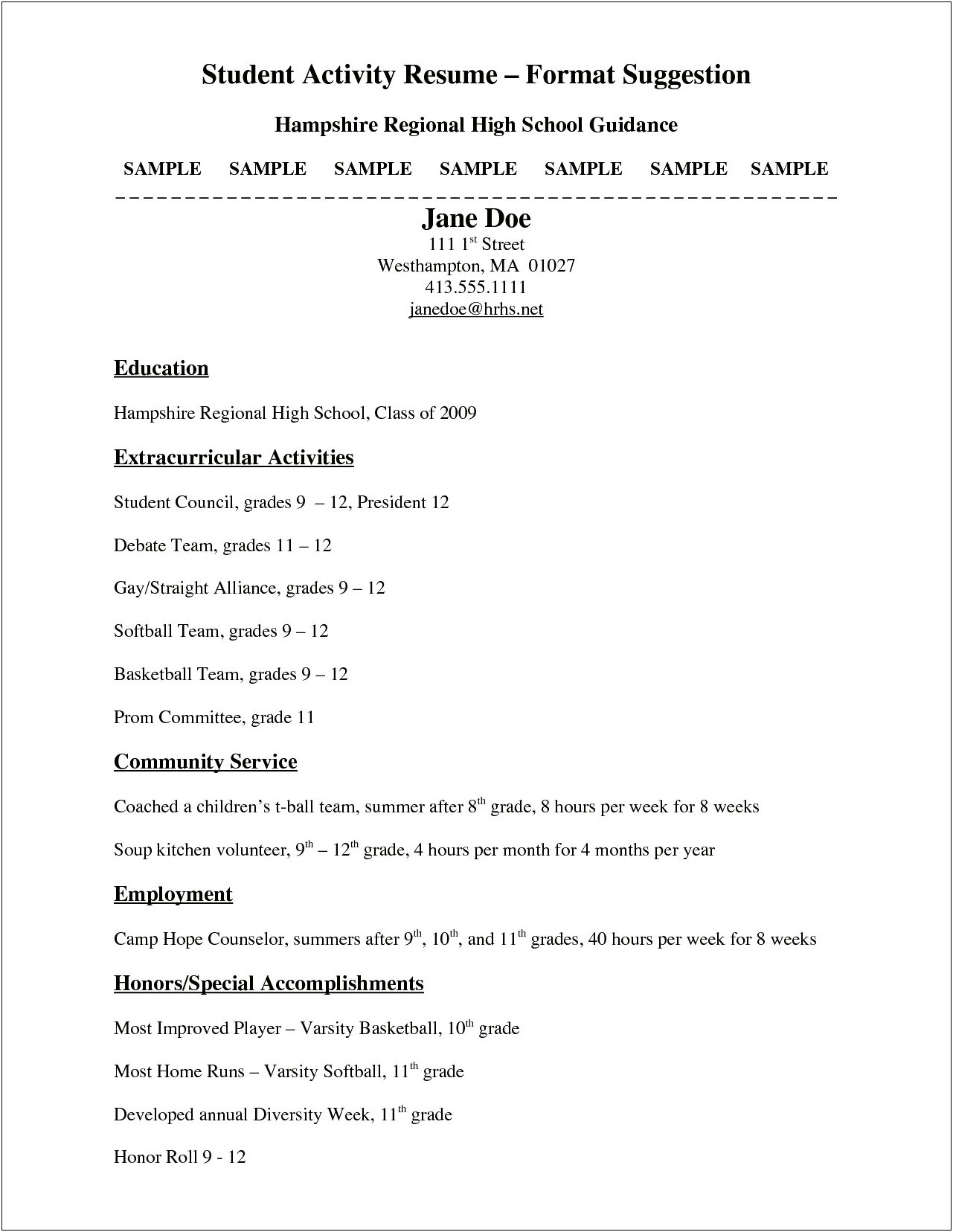 Sample Hs Resume For College