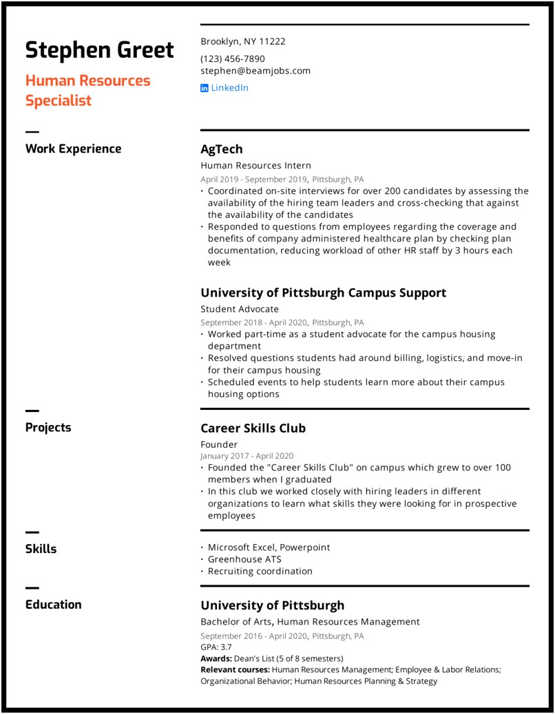 Sample Human Resources Internship Resume