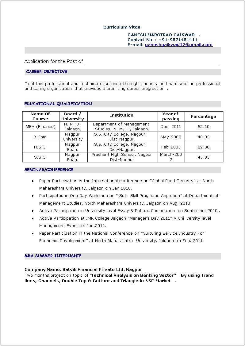 Sample Indian Resume Format For Freshers