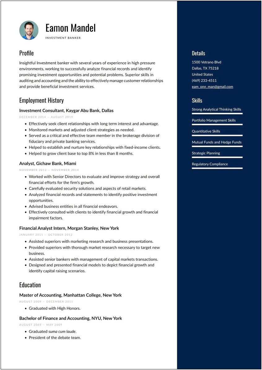 Sample Investment Banking Associate Resume