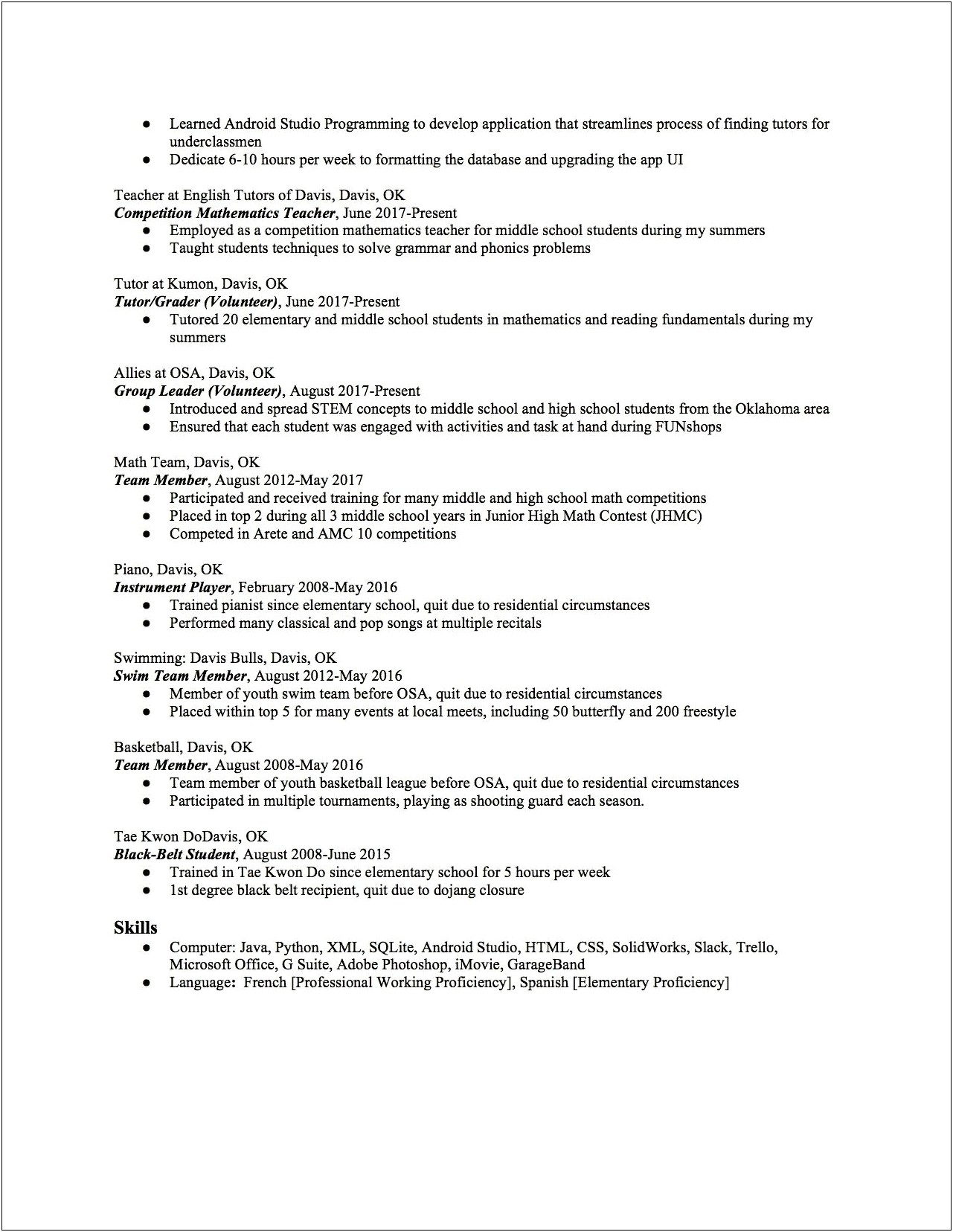 Sample Ivy League Student Resume