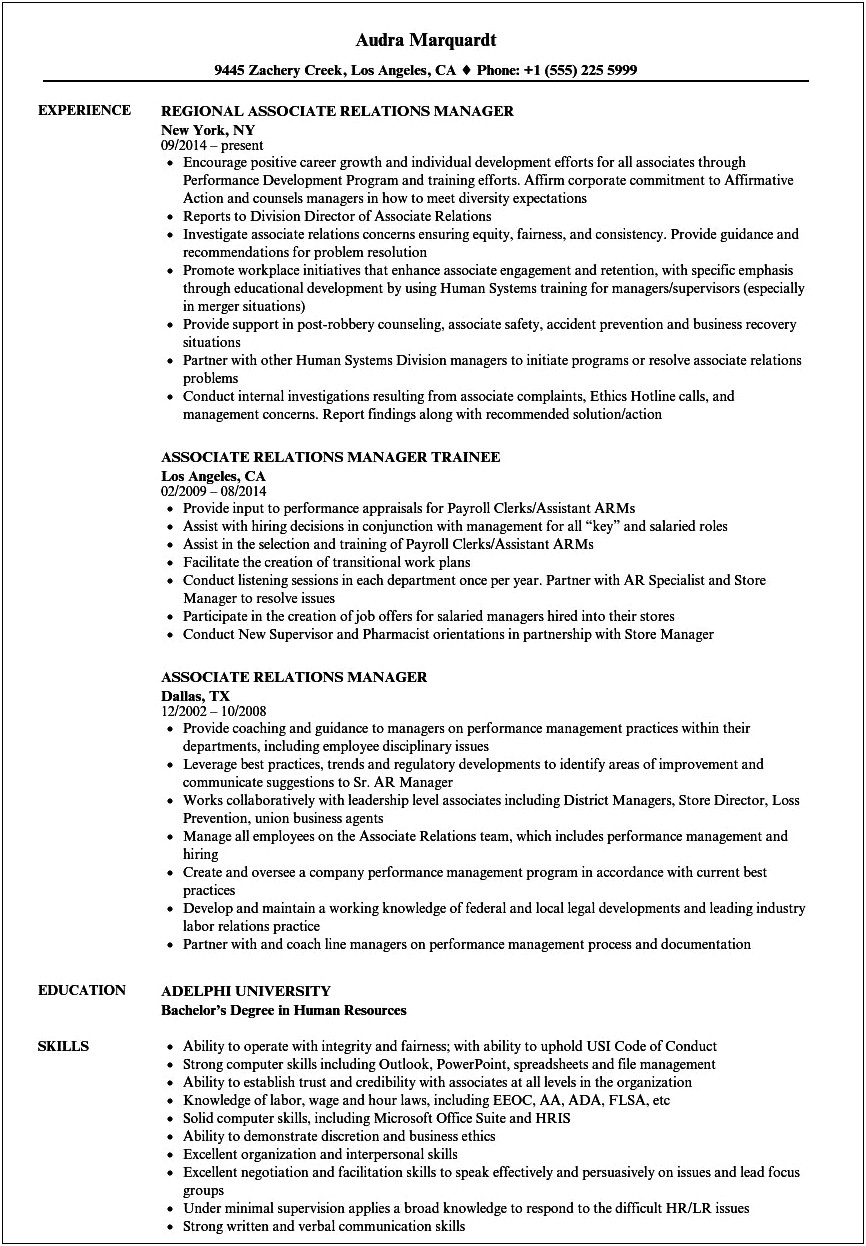 Sample Labor Relations Manager Resume