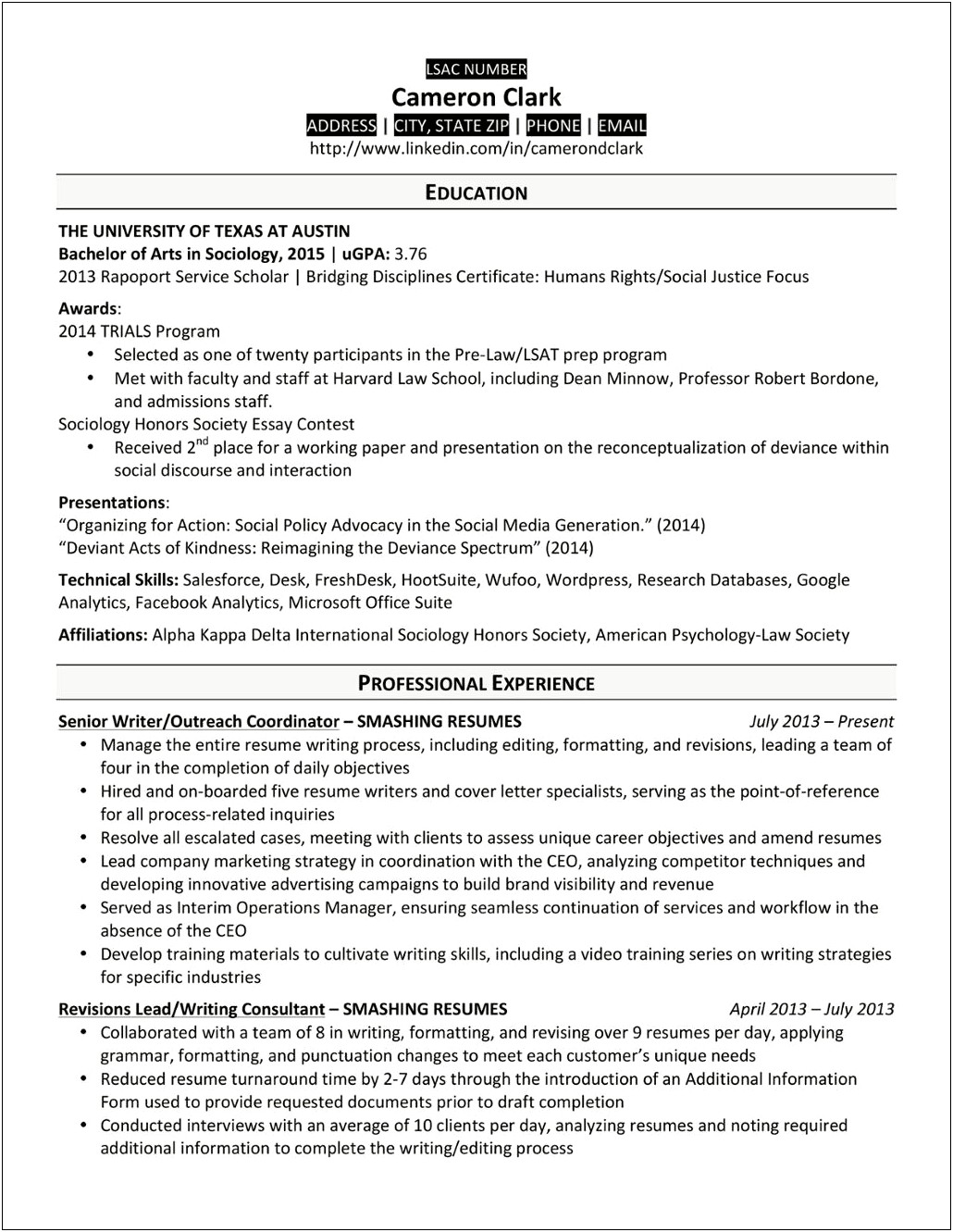 Sample Law Student Resume With Judicial Clerkship