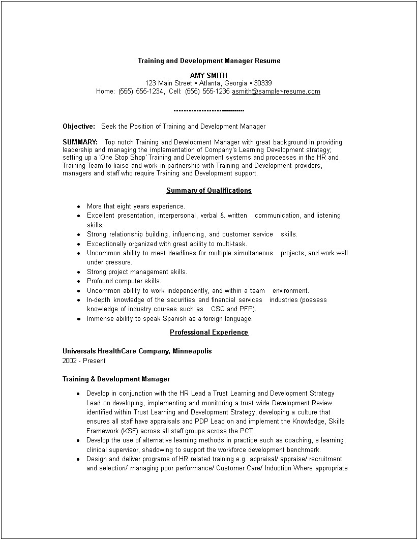 Sample Learning And Development Resume