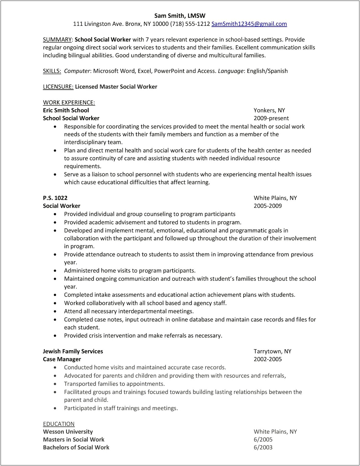 Sample Licensed Social Worker Resume