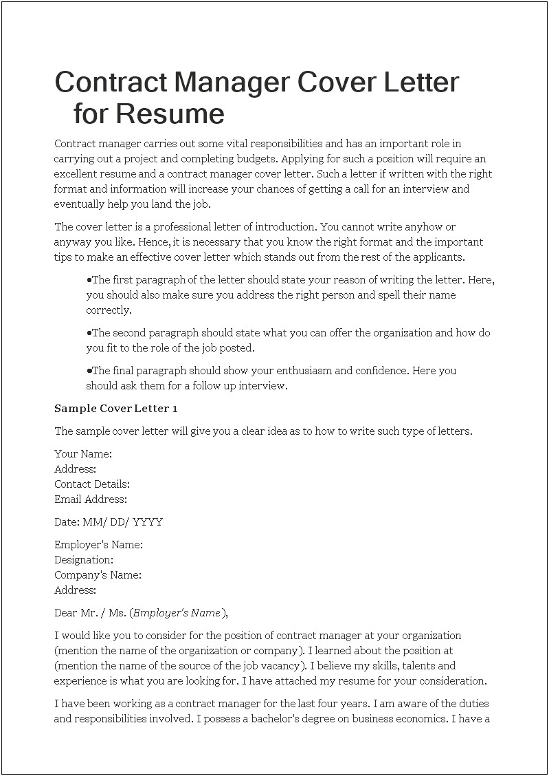 Sample Manager Cover Letter For Resume