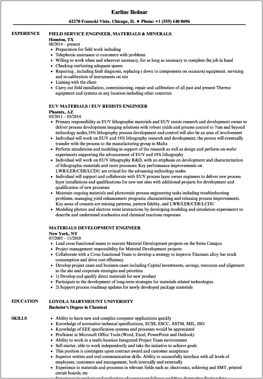 Sample Material Science Student Resume