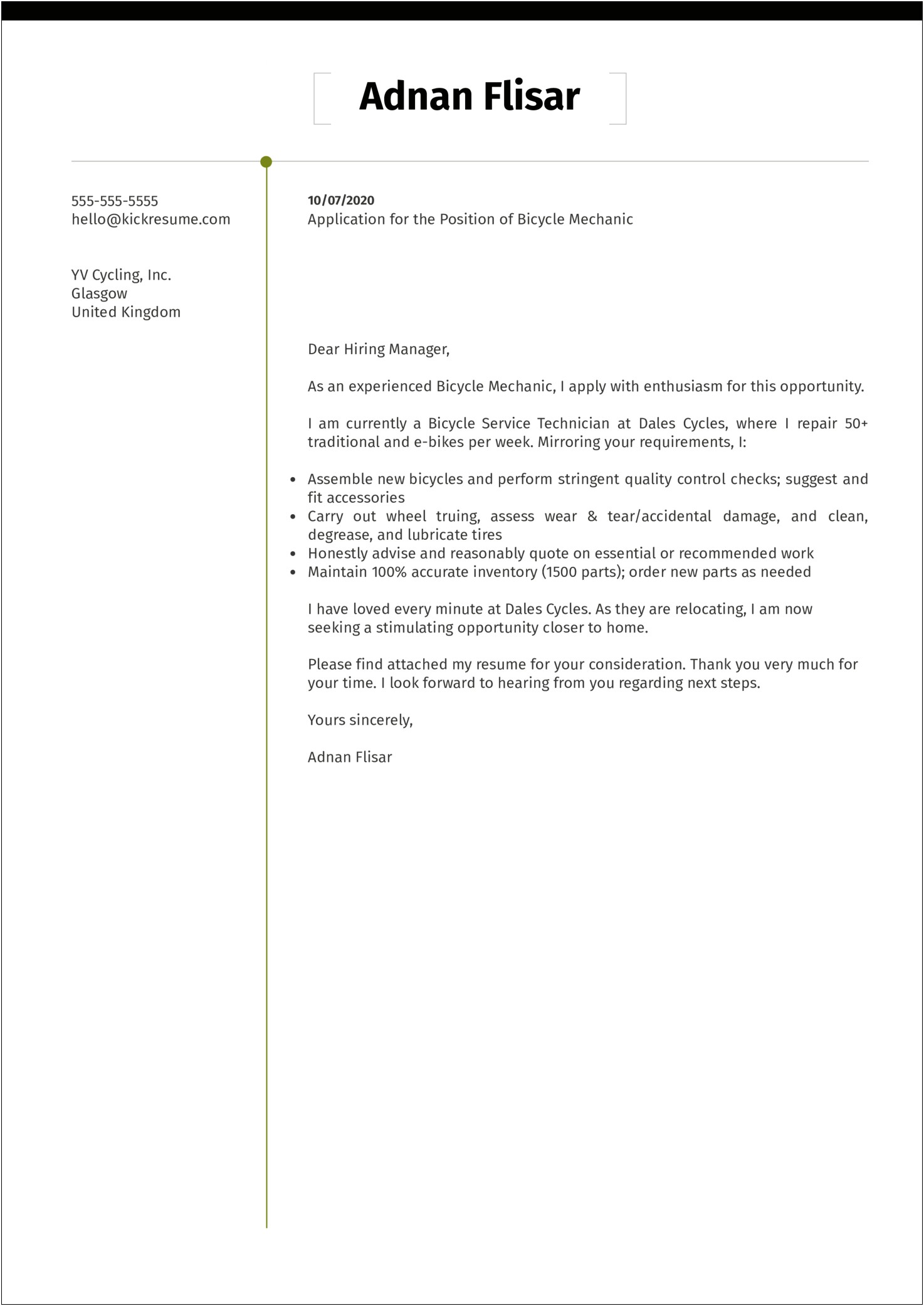 Sample Mechanic Resume Cover Letter