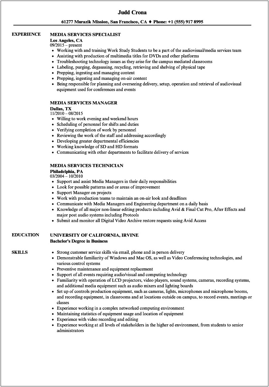 Sample Media Center Specialist Resume
