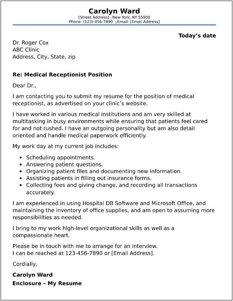 Sample Medical Receptionist Resume Cover Letter
