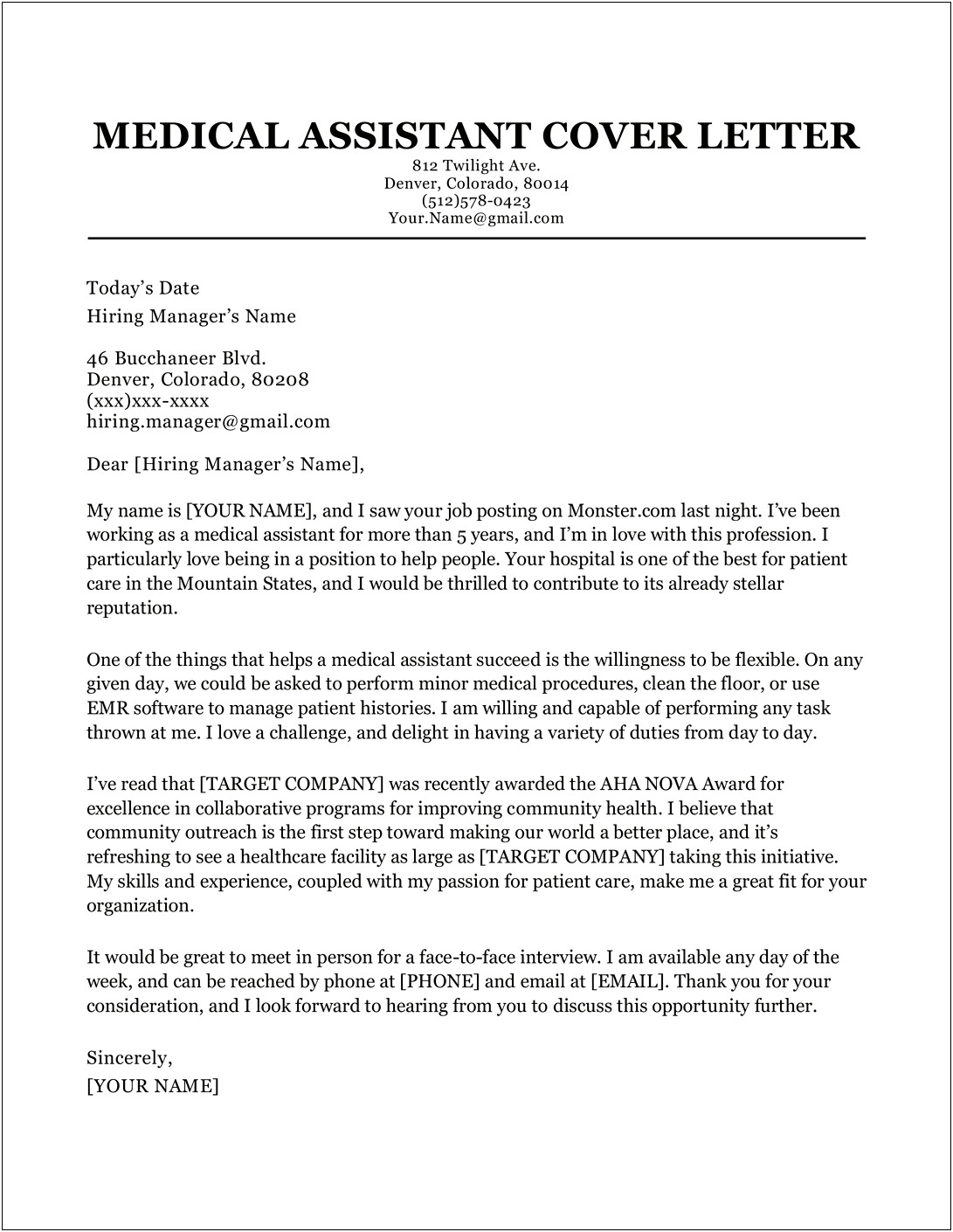Sample Medical Resume Cover Letter