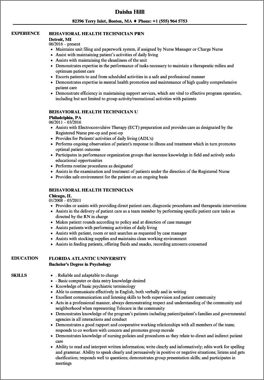 Sample Mental Health Technician Resume