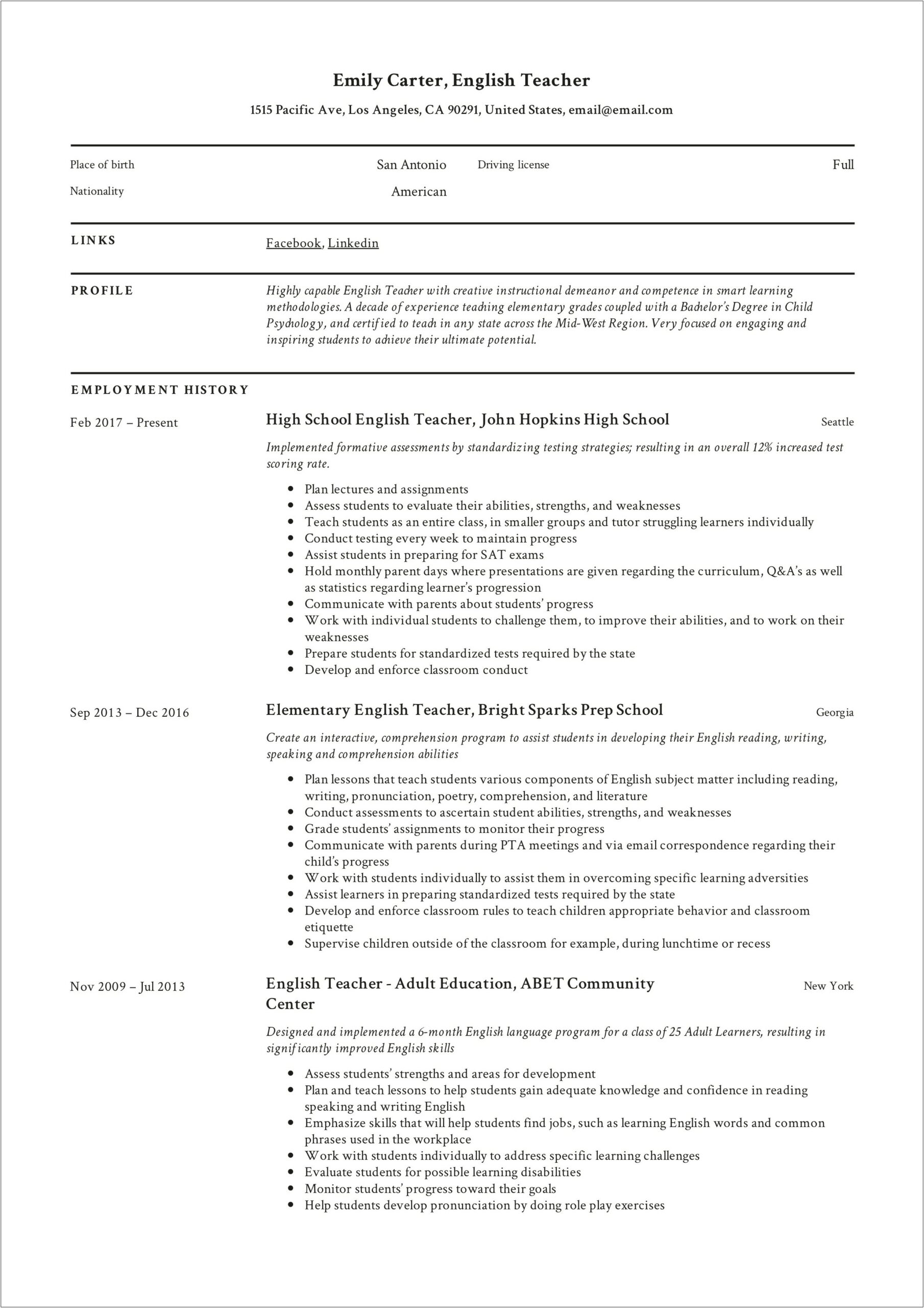 Sample Middl School Resume For Teachers