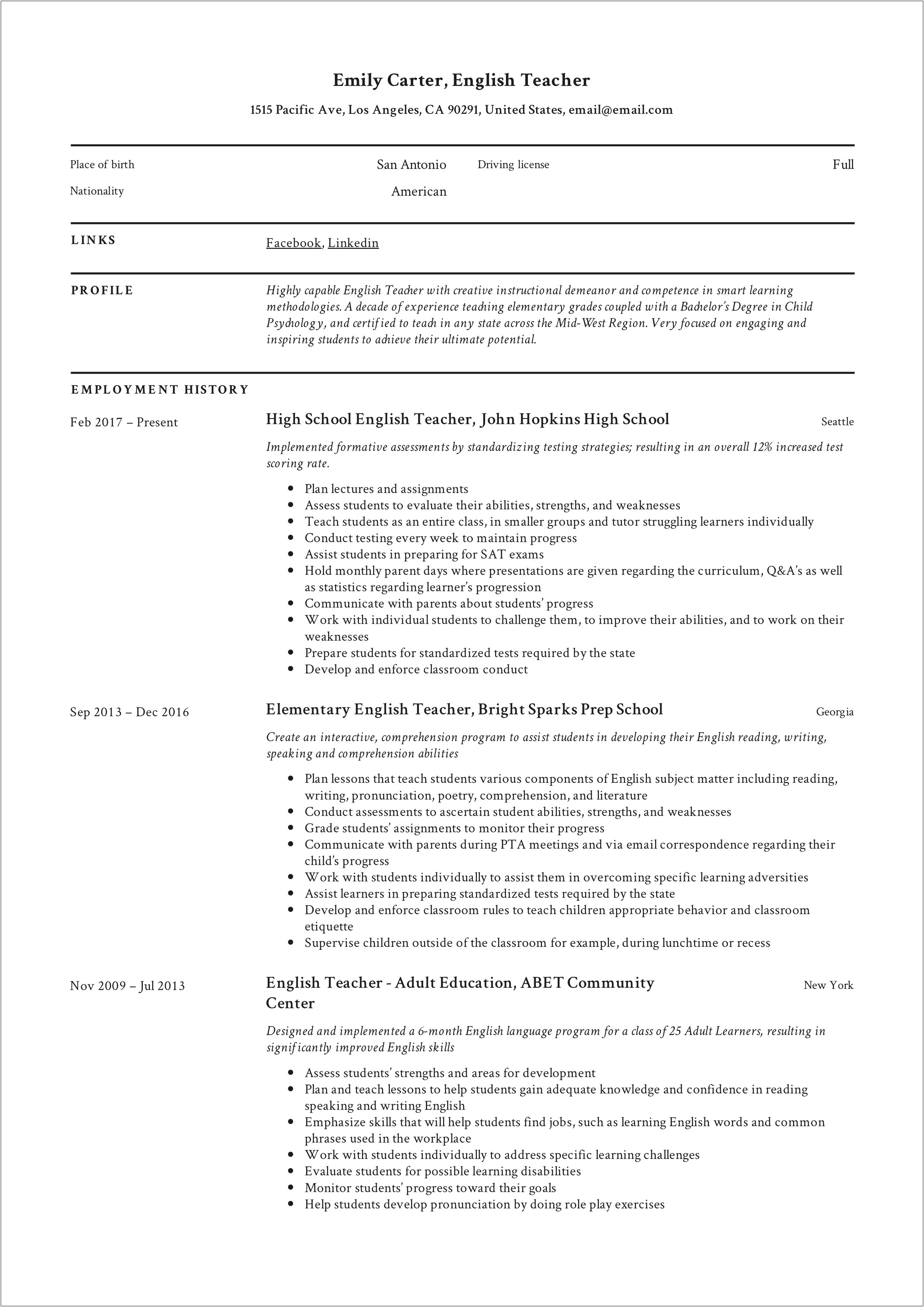 Sample Middl School Resume For Teachers
