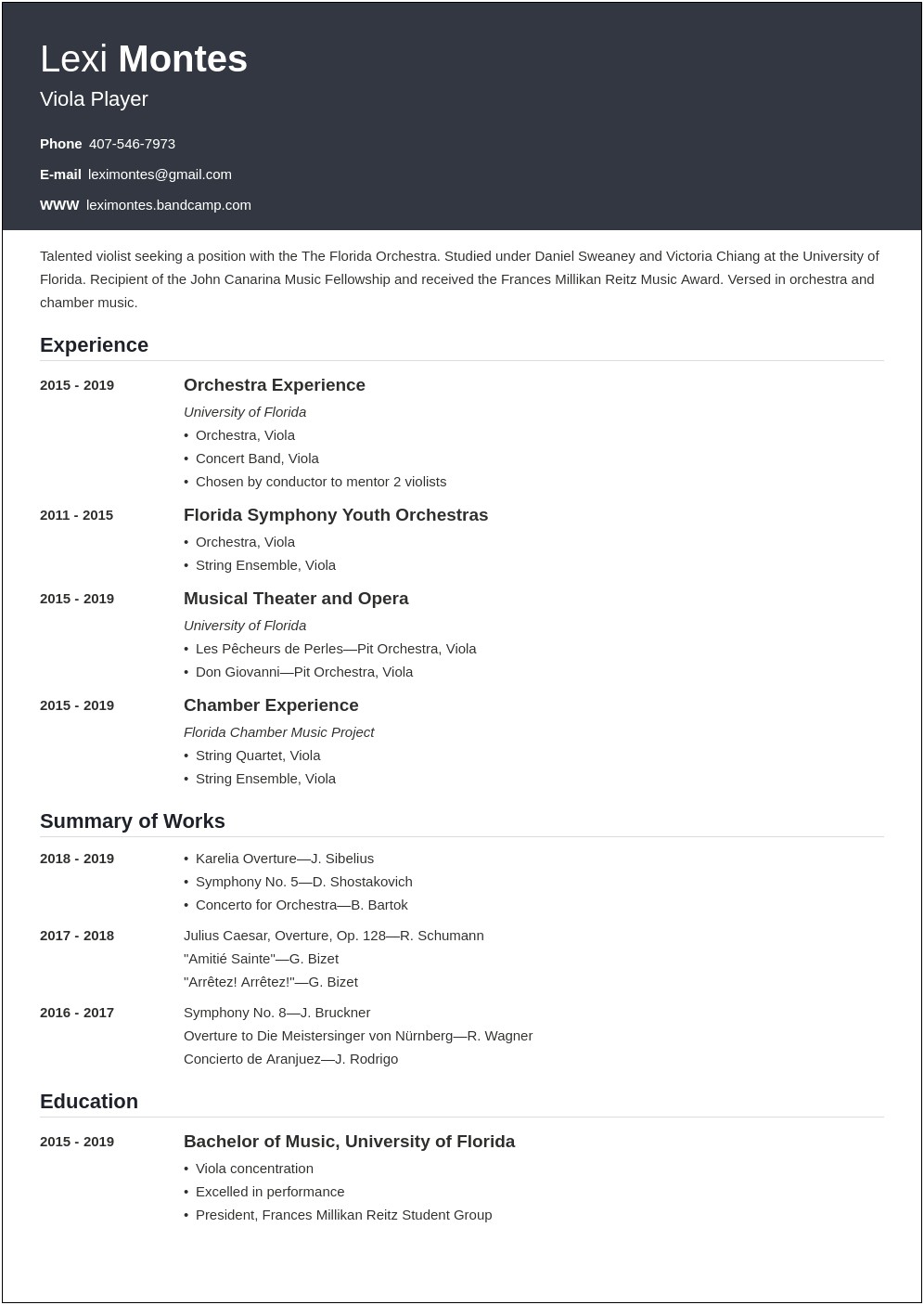 Sample Music Resume Ithaca College Application