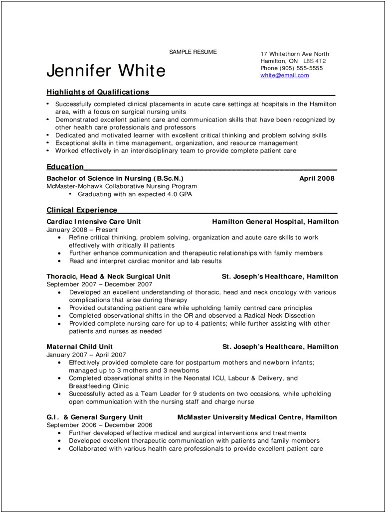 Sample Nursing Grad School Resume