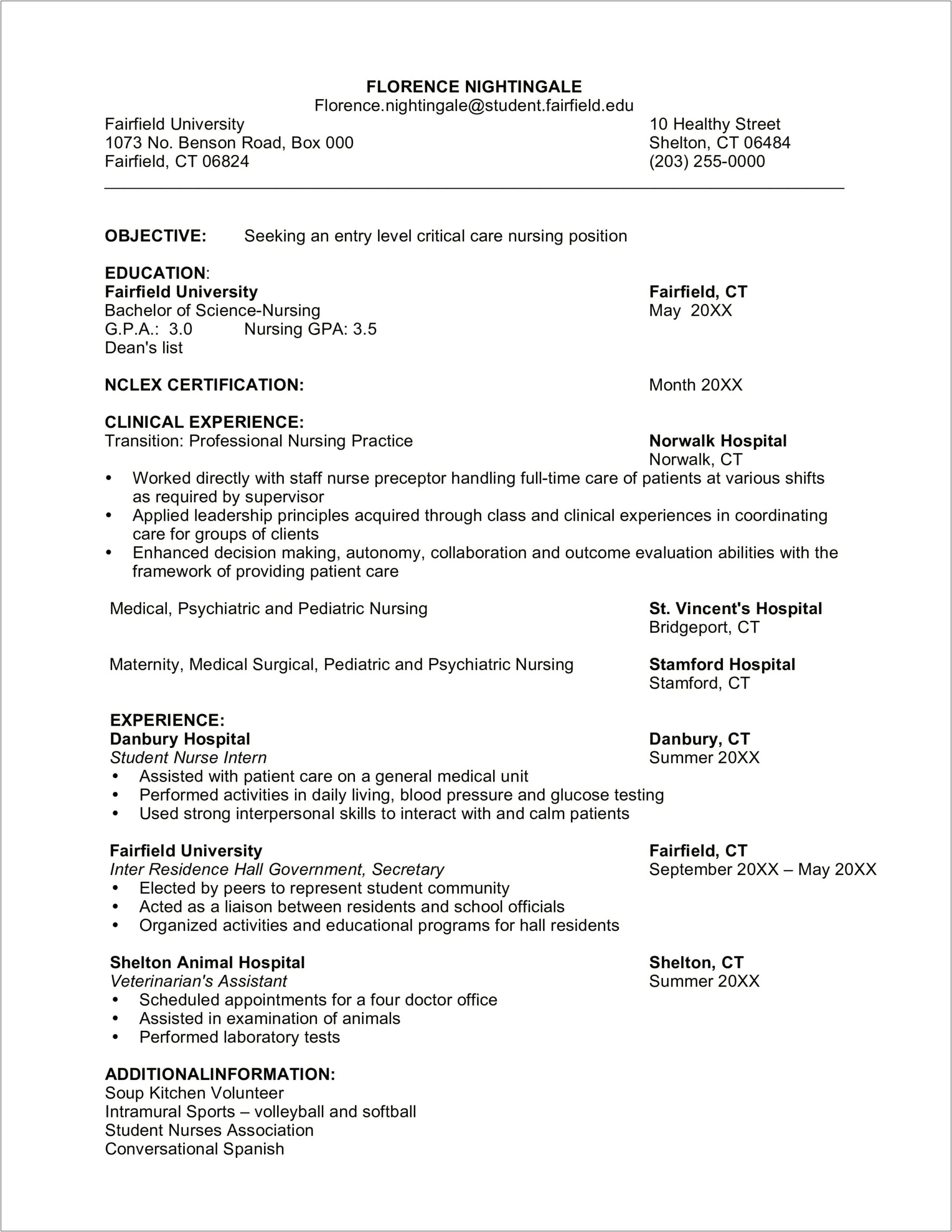Sample Nursing Student Resume With Clinical Experience