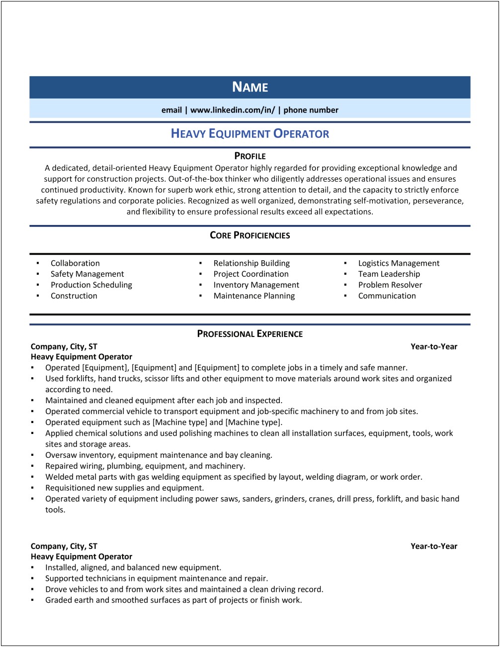 Sample Objective For Job Resume With Heavy Equipment