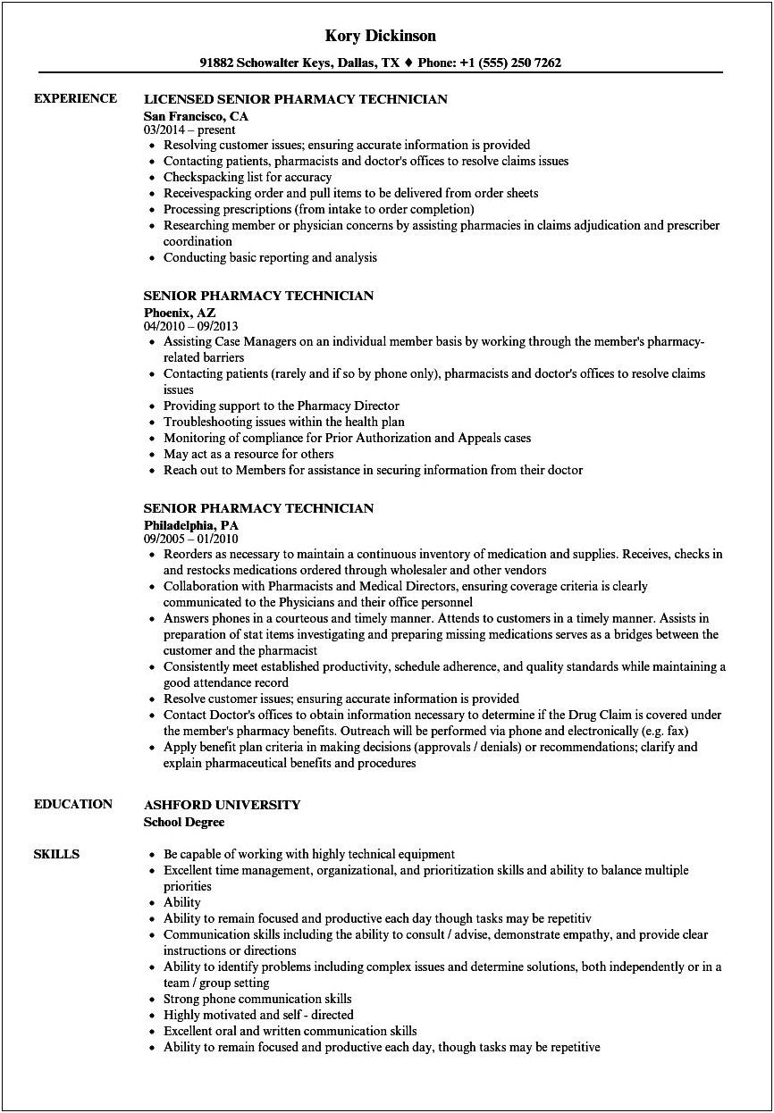 Sample Objective For Pharmacy Technician Resume