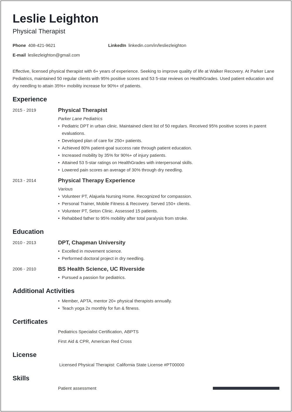 Sample Objective For Physical Therapy Resume