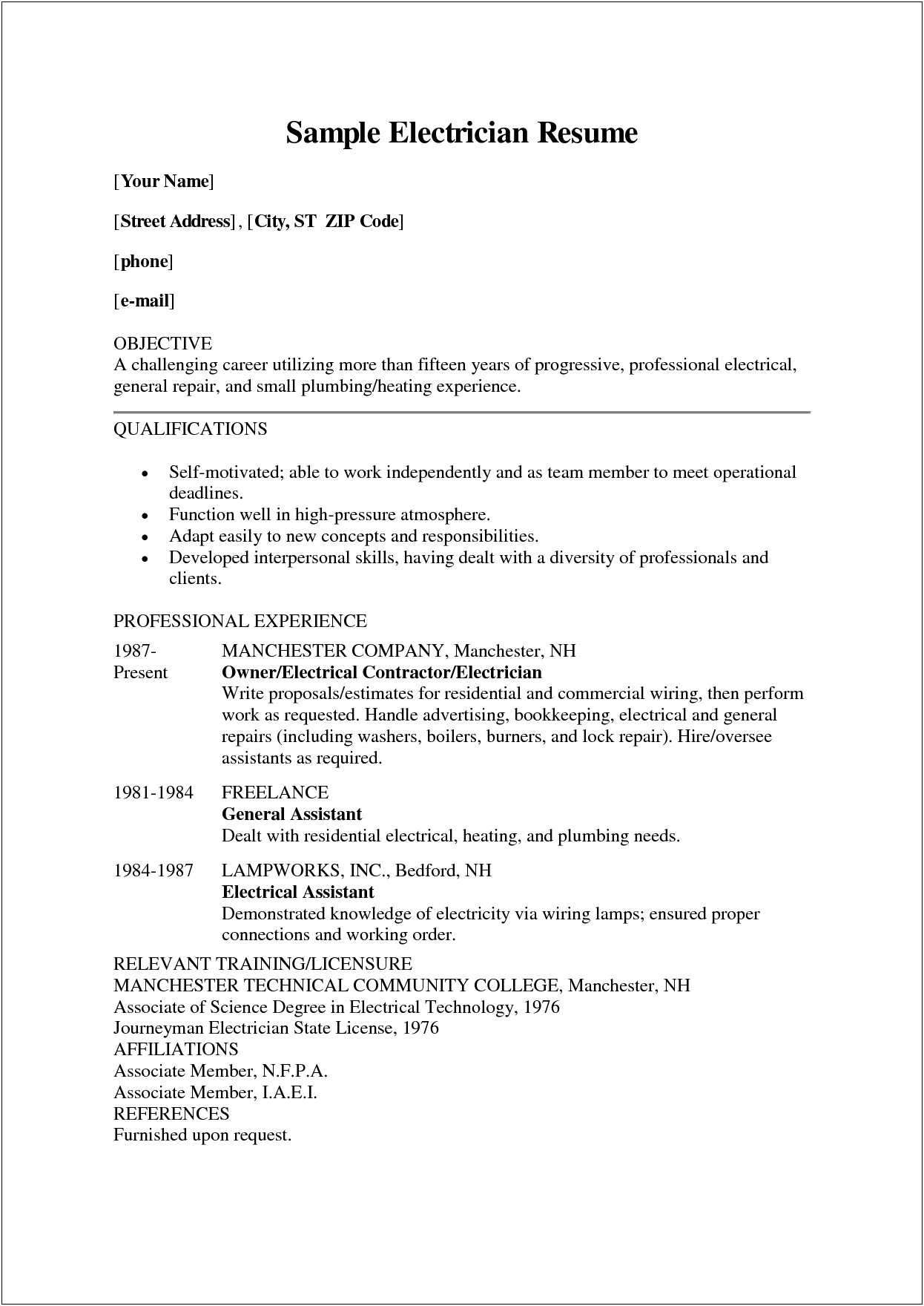 Sample Objective For Resume For Electrical Apprentice
