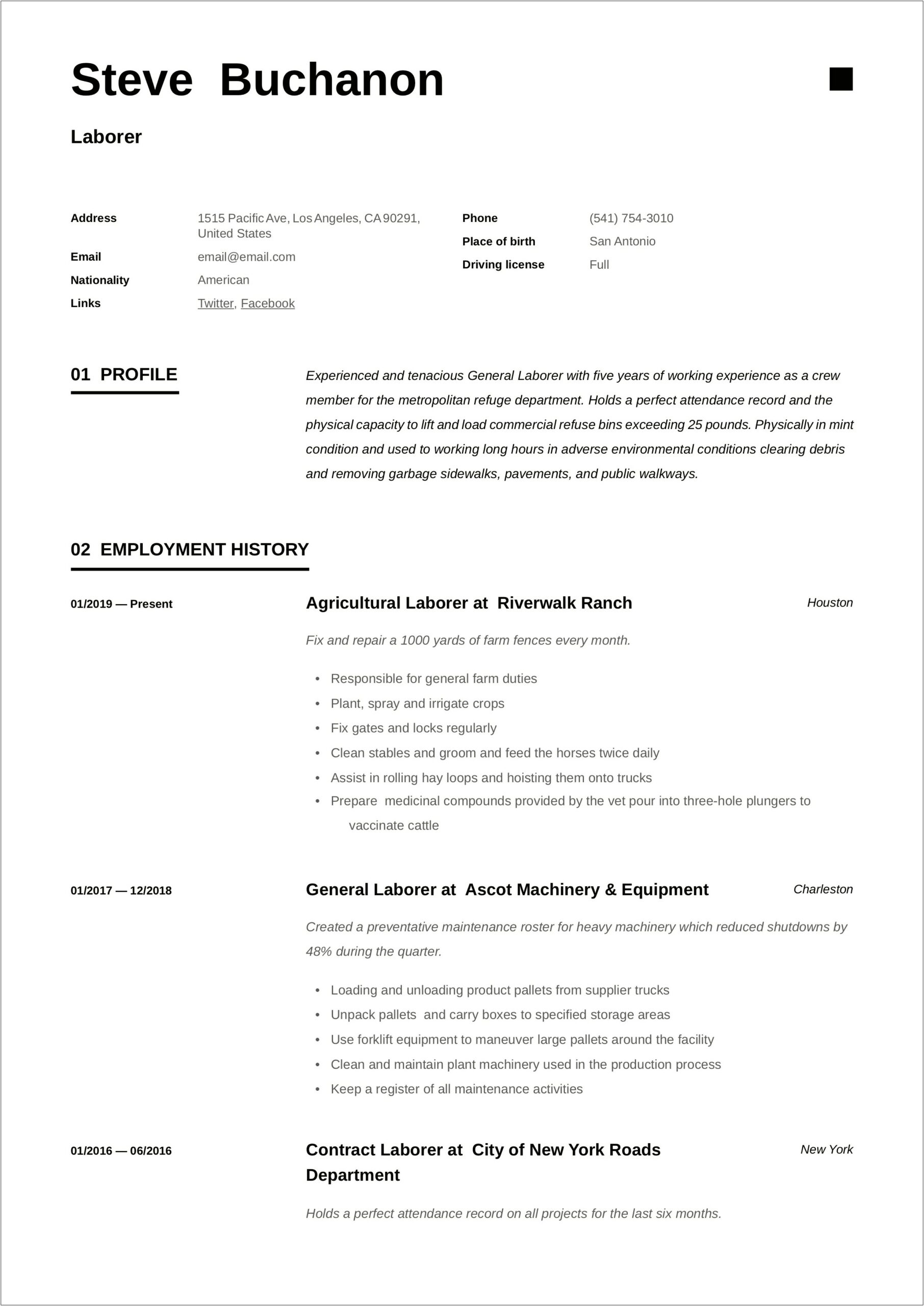 Sample Objective For Resume Labor