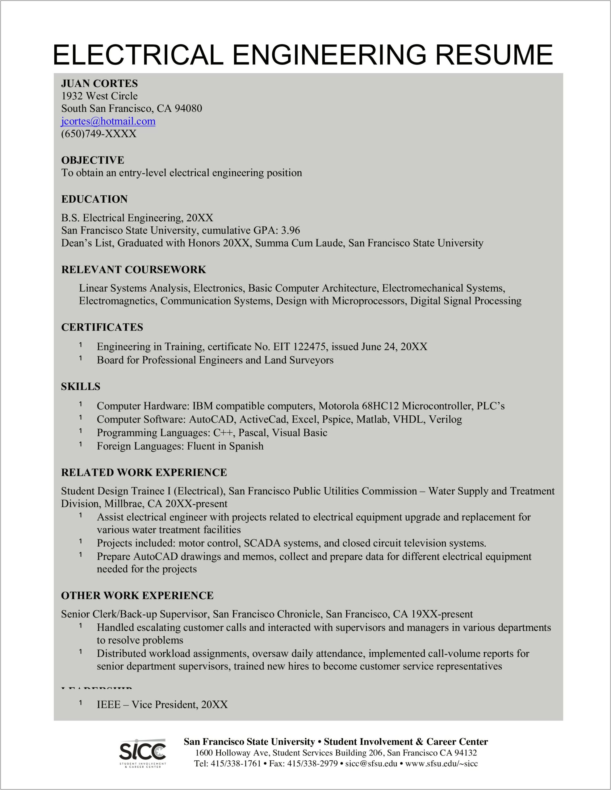 Sample Objective In Resume For Electrical Engineer