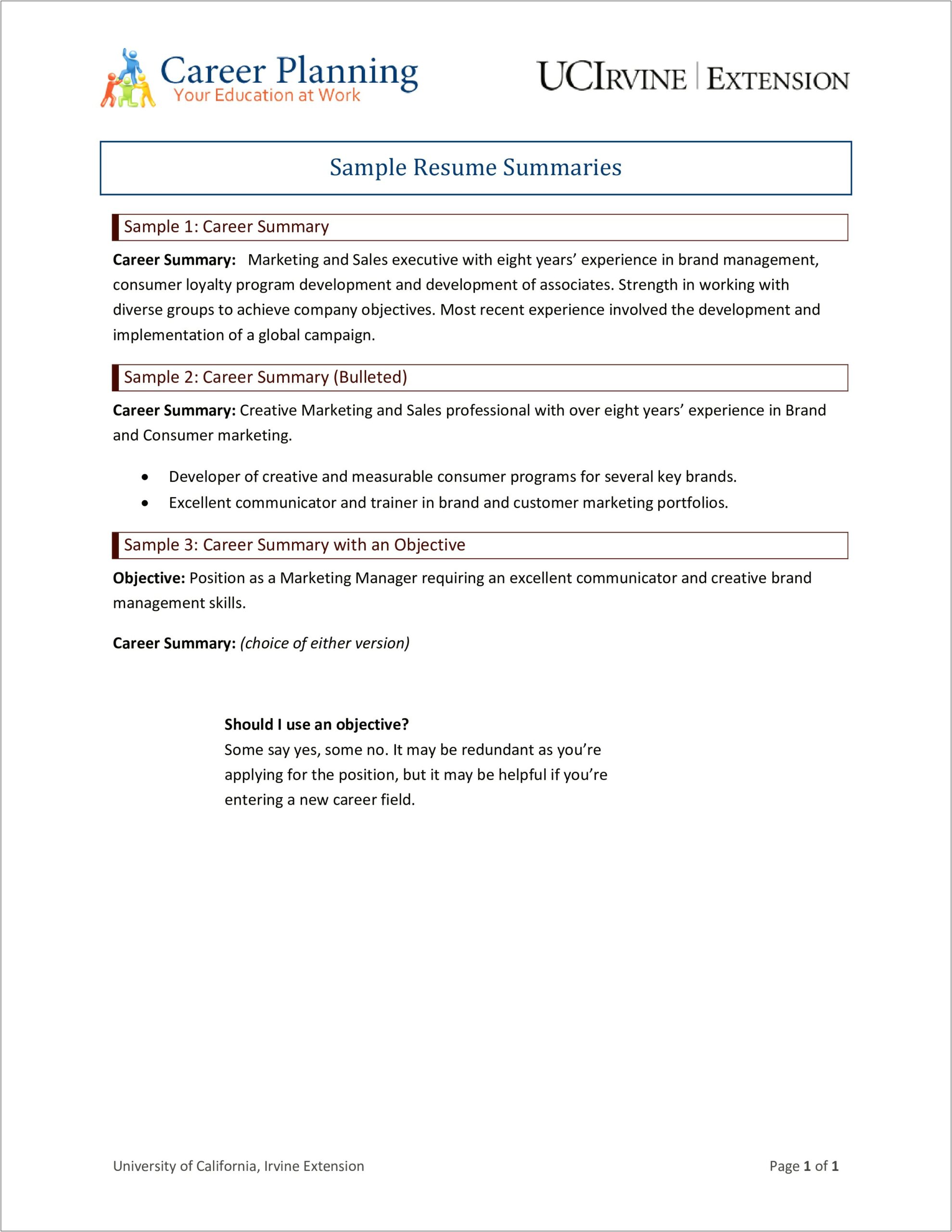 Sample Objectives For A Sales Resume
