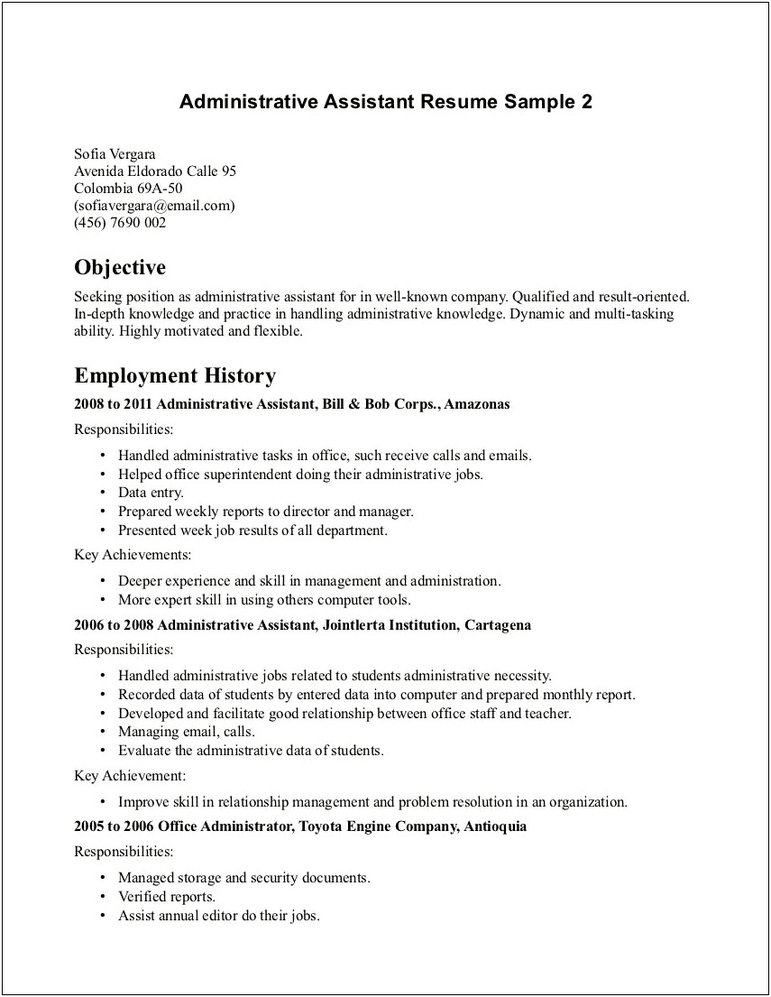 Sample Objectives For Administrative Professional Resume