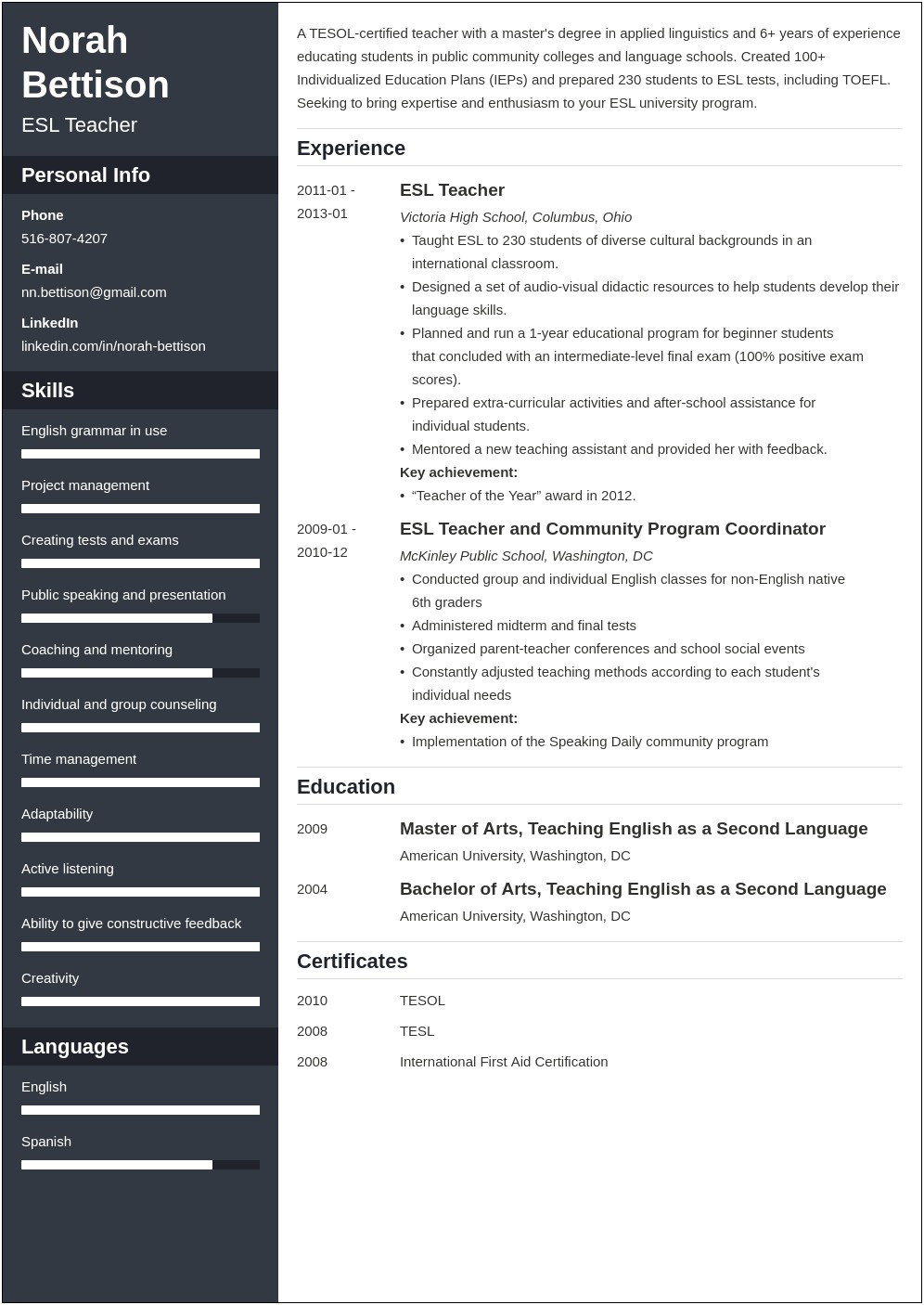 Sample Objectives For Resume Esl Teachers
