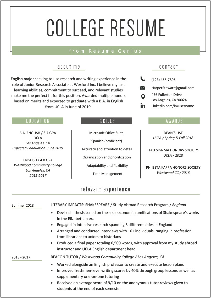 Sample Objectives For Resume For College Students