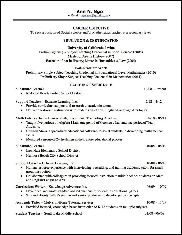 Sample Objectives For Resumes Higher Education Jobs