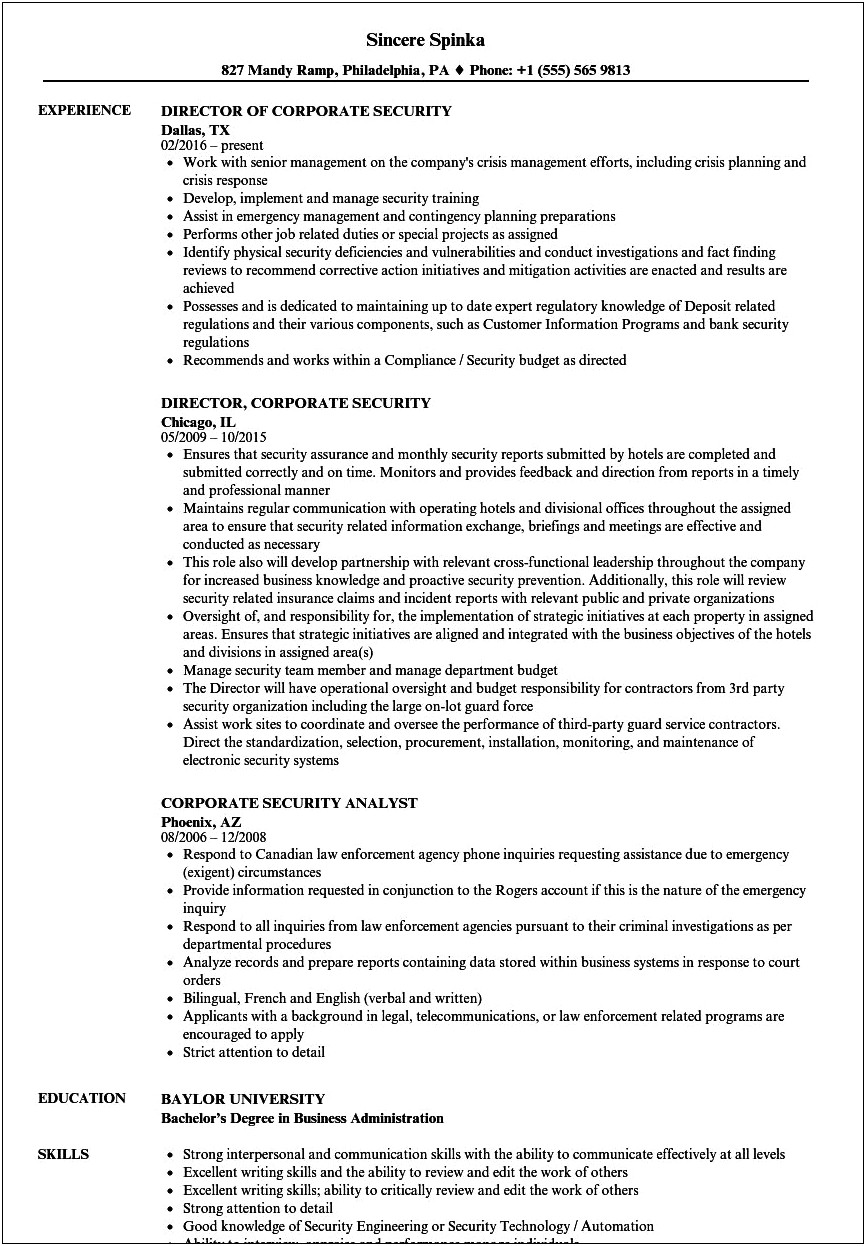 Sample Objectives For Security Resumes