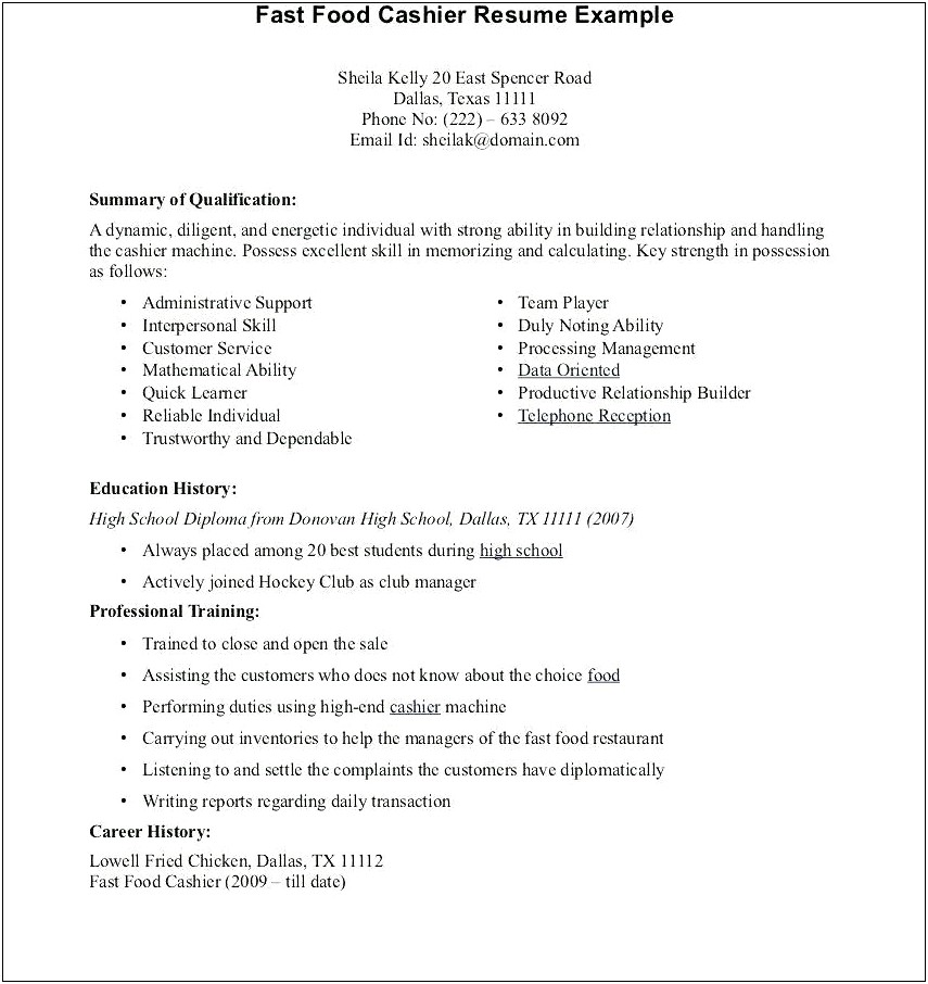 Sample Objectives In Resume For Fast Food Crew