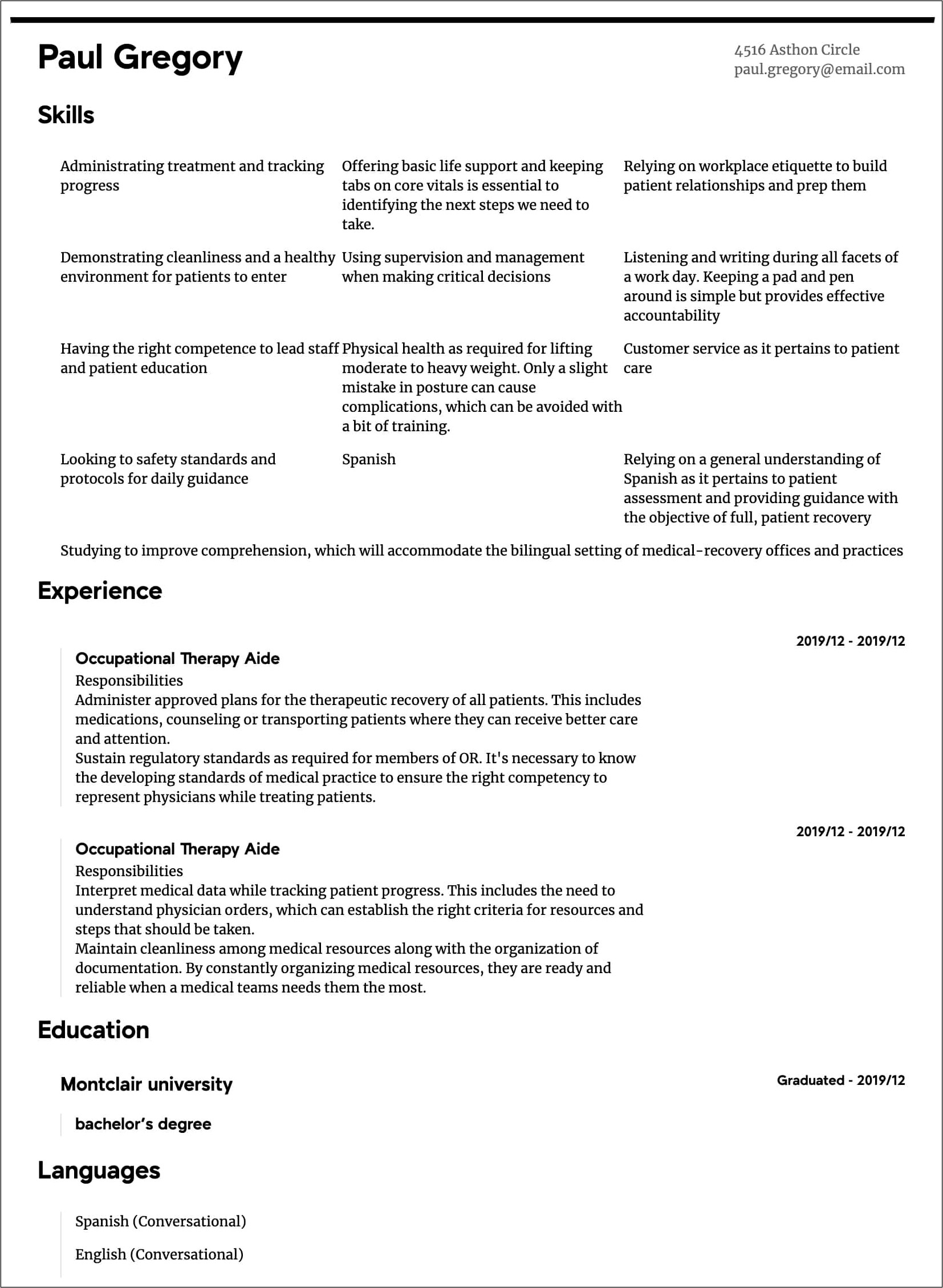 Sample Occupational Therapy Resume Format