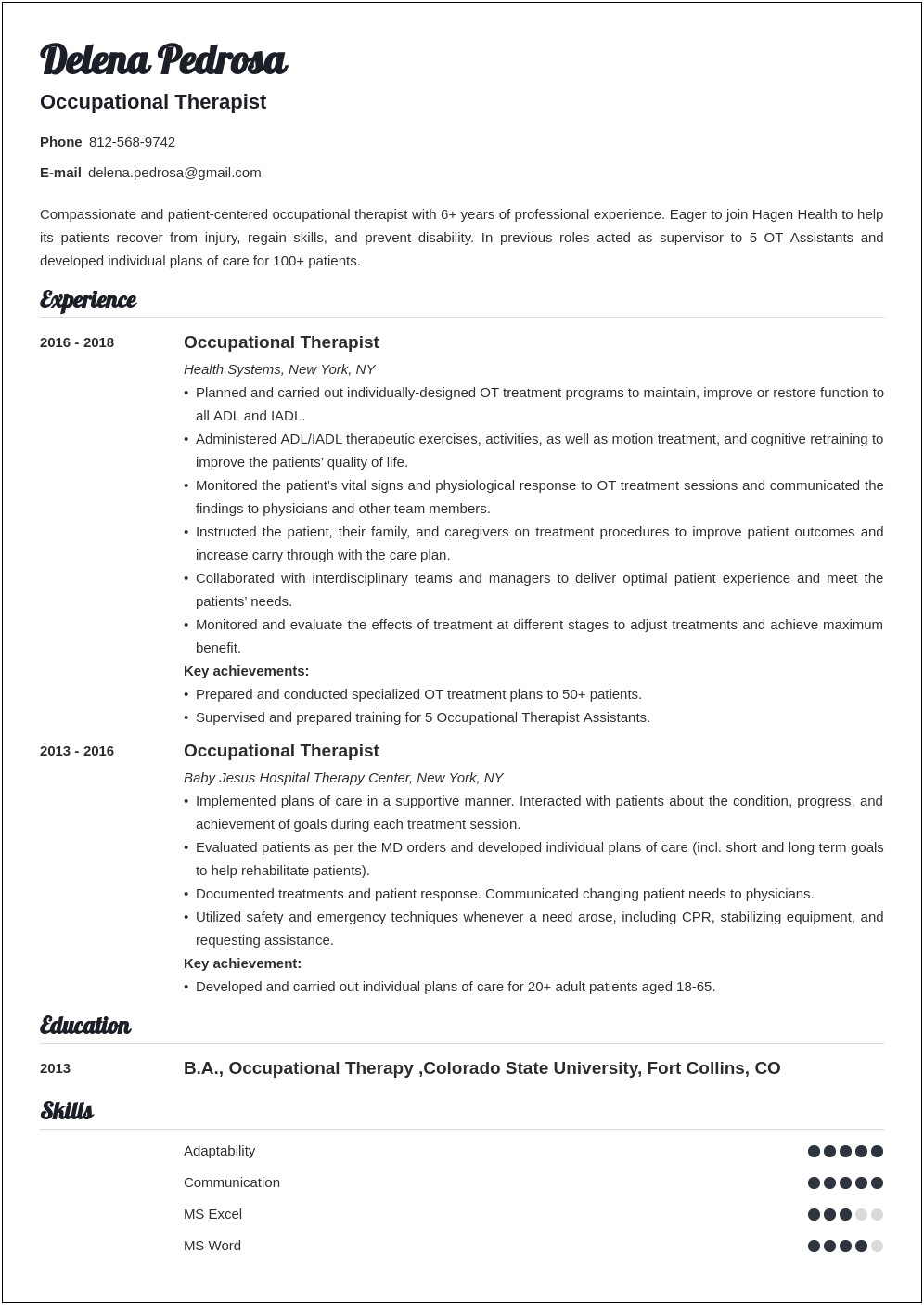 Sample Occupational Therapy Resume New Grad