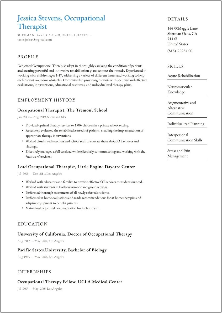Sample Occupational Therapy Student Resume