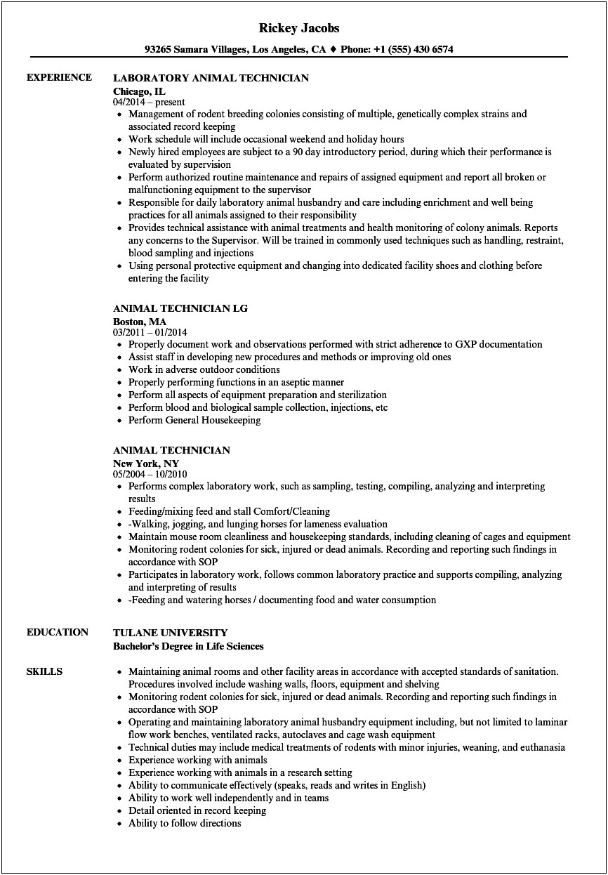 Sample Of A Animal Control Resume