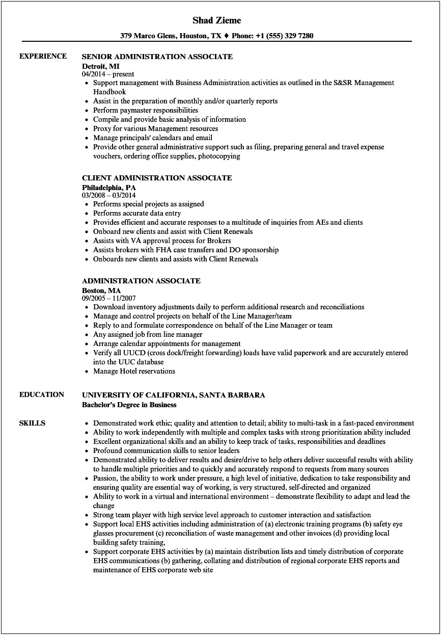 Sample Of A Business Administration Resume