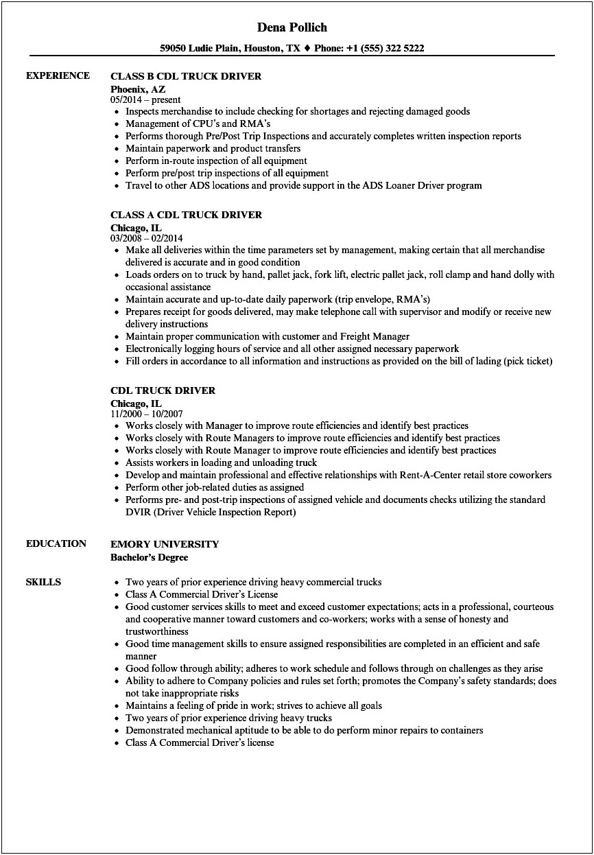 Sample Of A Cdl Truck Driver Resume