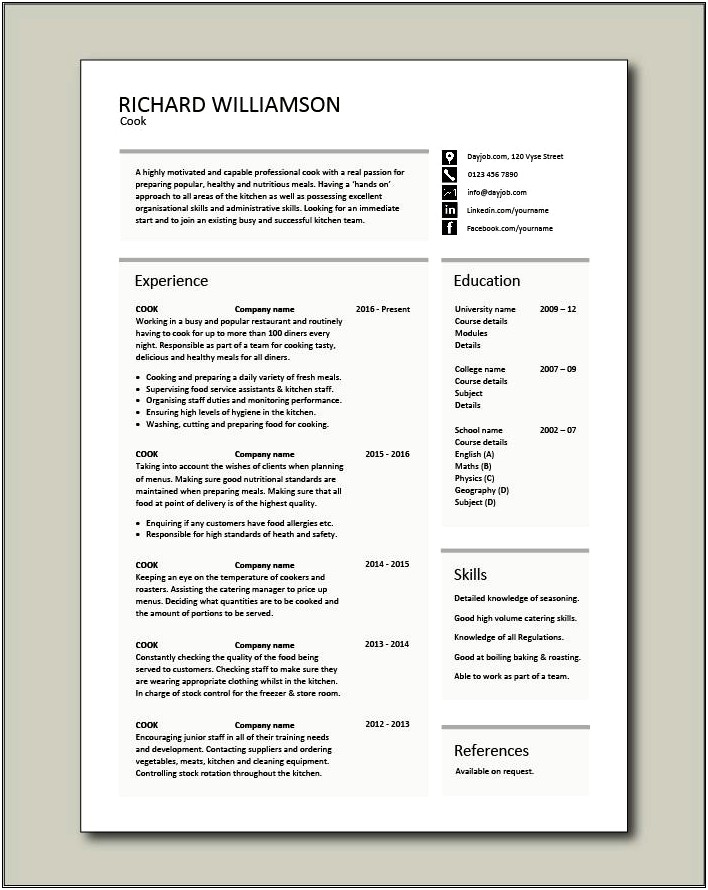Sample Of A Culinary Resume