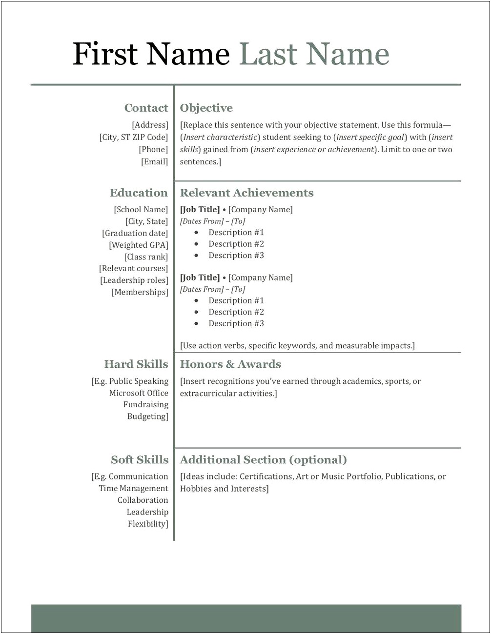 Sample Of A High School Student Resume Heading