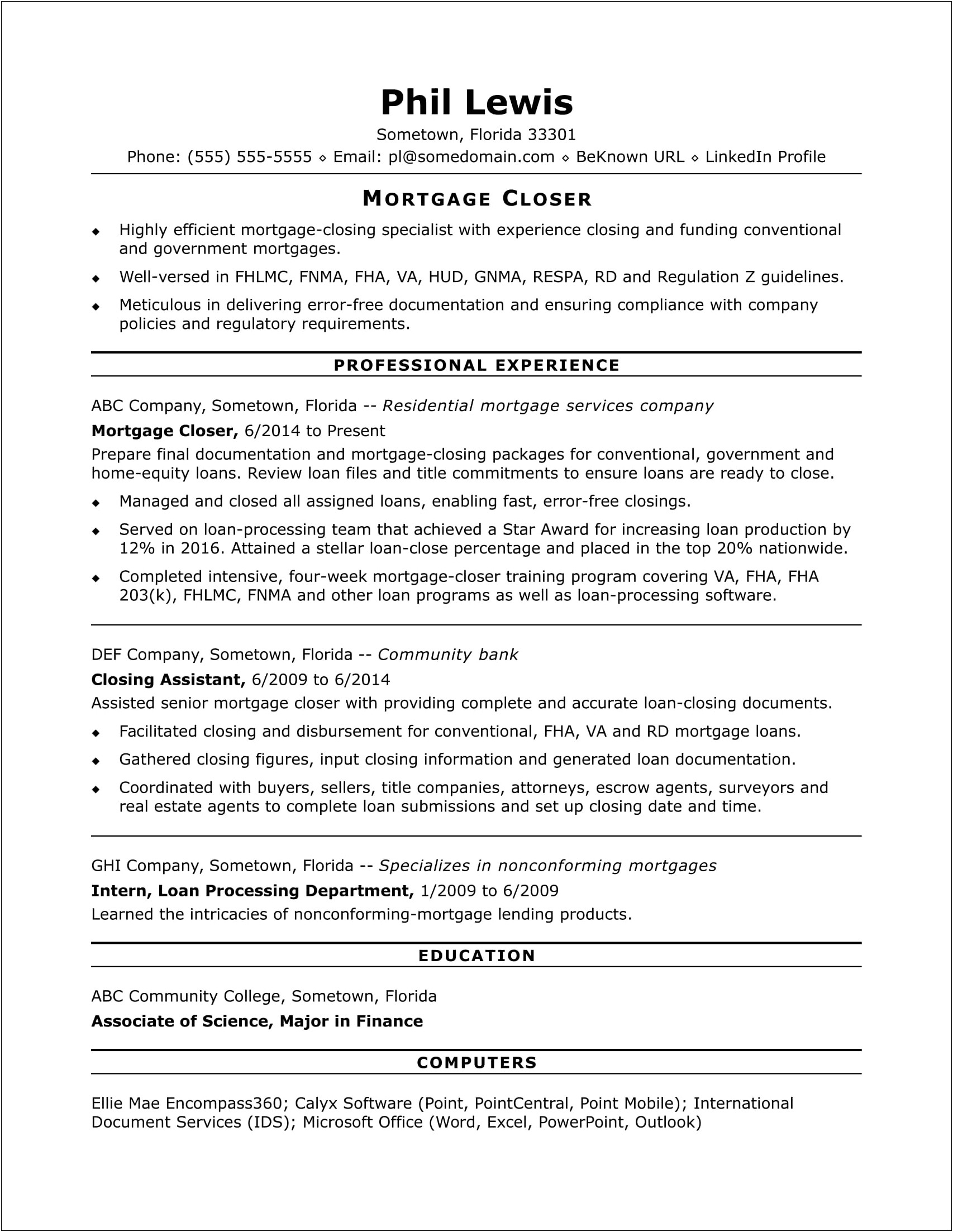 Sample Of A Mortgage Closer Resume