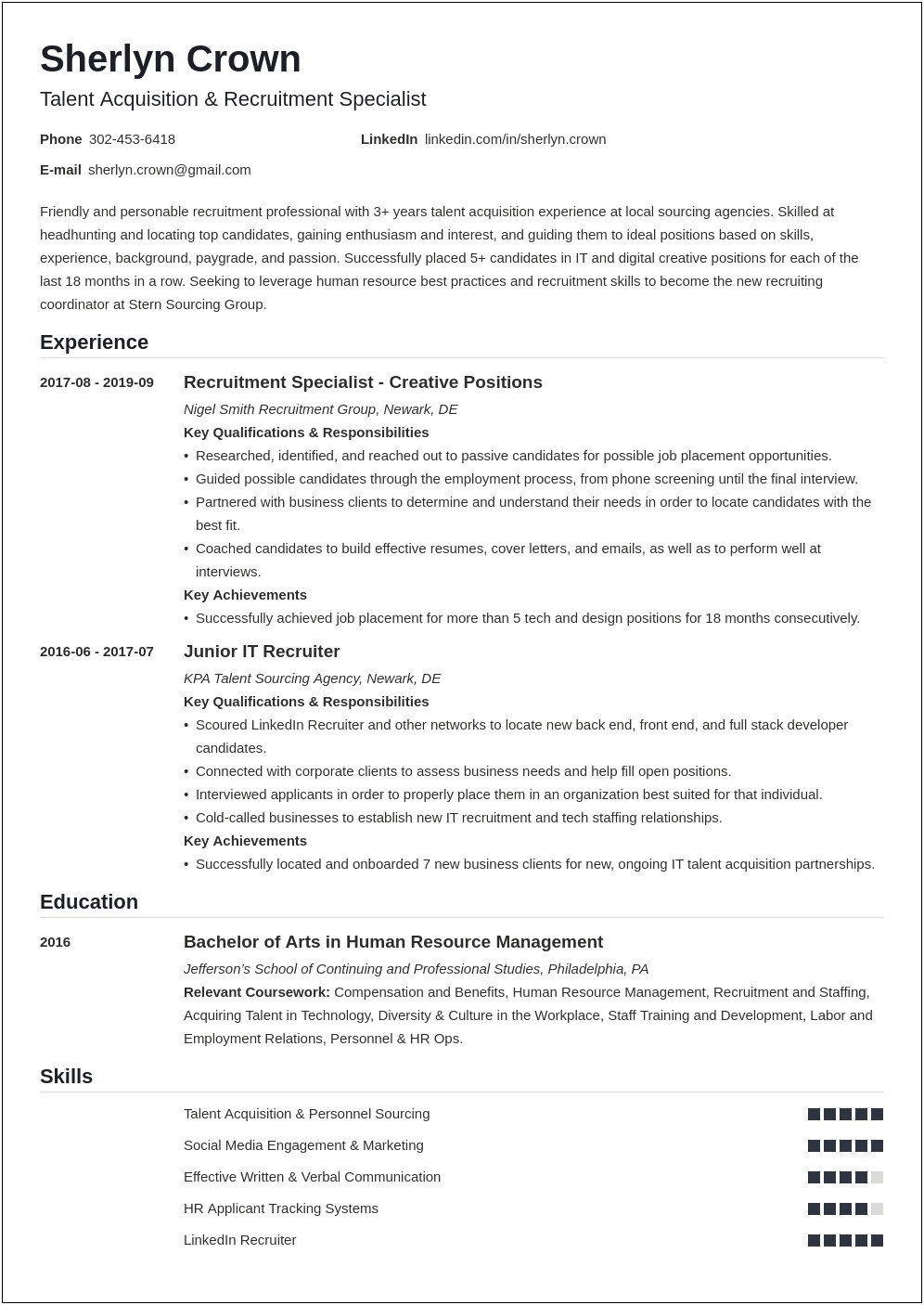 Sample Of A Recruiter's Resume