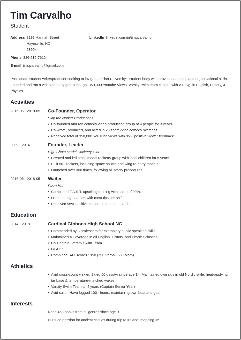 Sample Of A Resume For College Application
