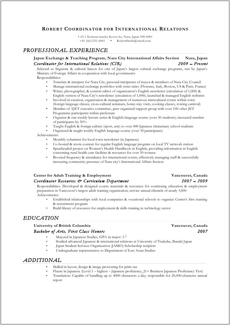 Sample Of A Resume For International Studies