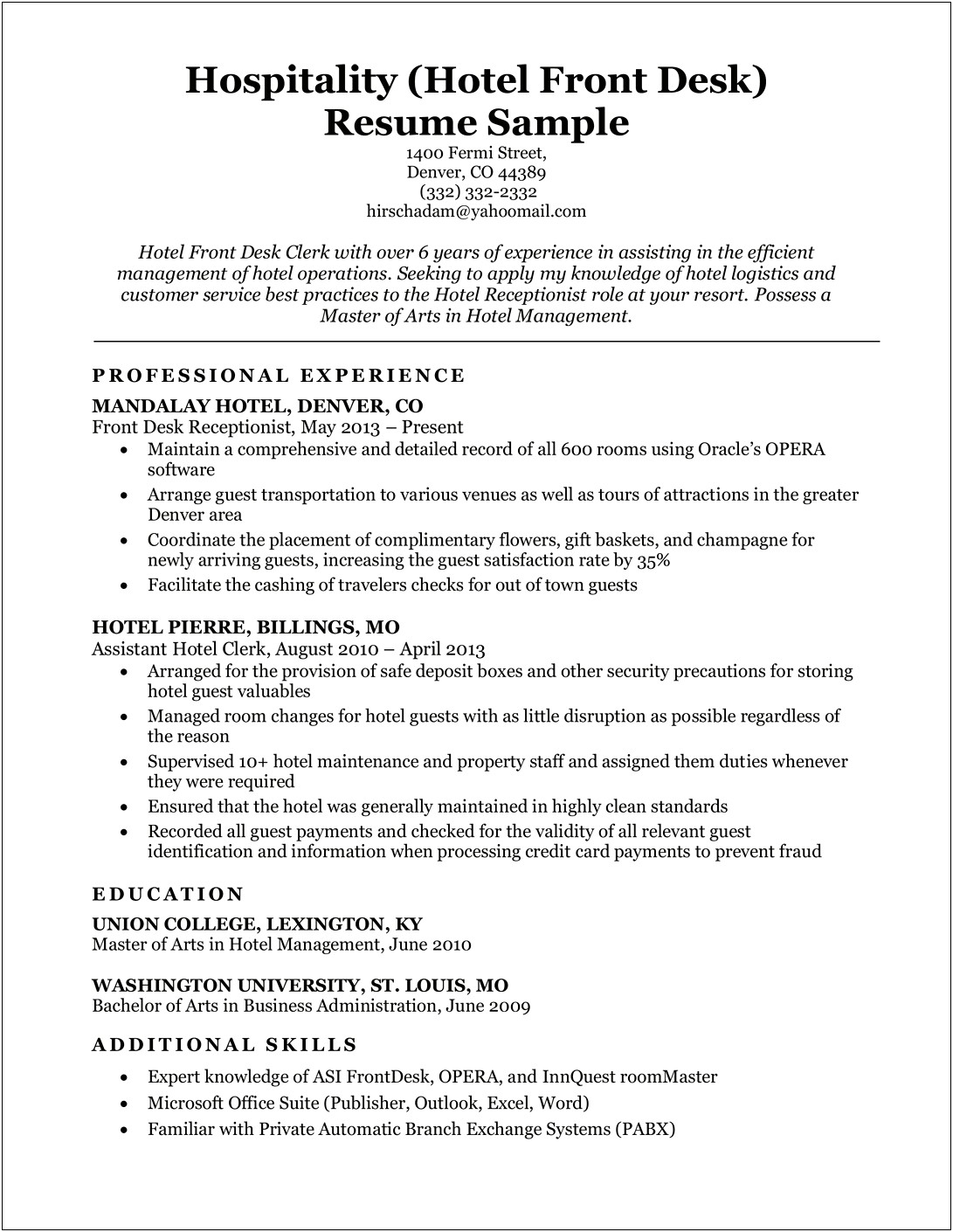 Sample Of A Resume For Receptionist