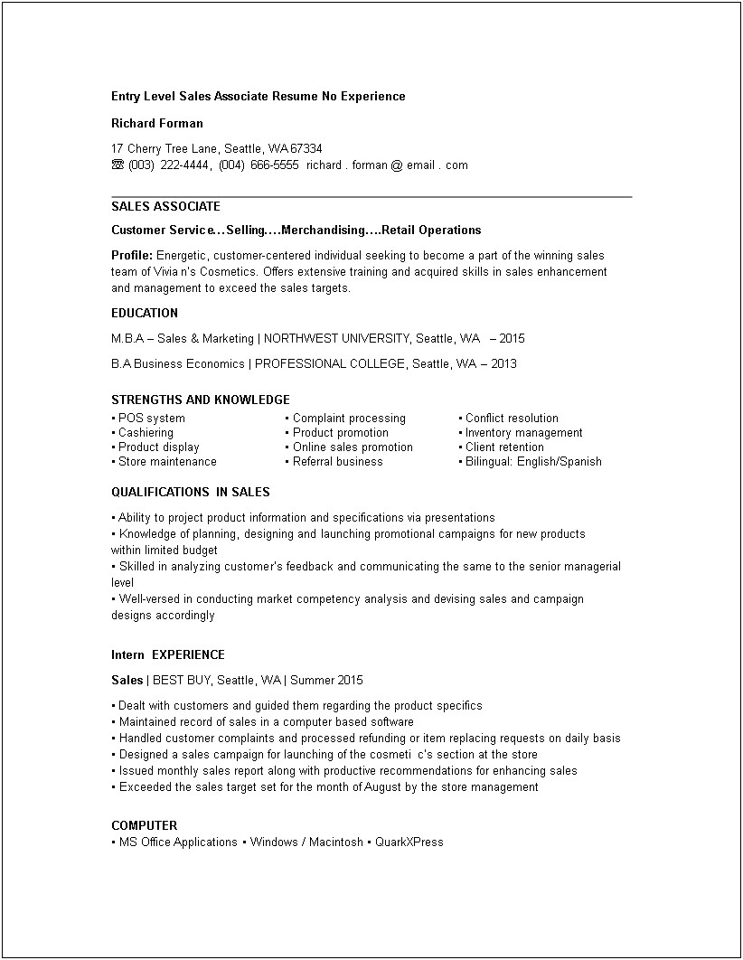 Sample Of A Sales Associate Resume