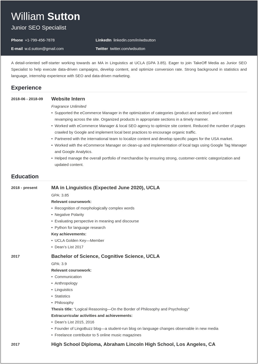 Sample Of A Simple Resume For Student