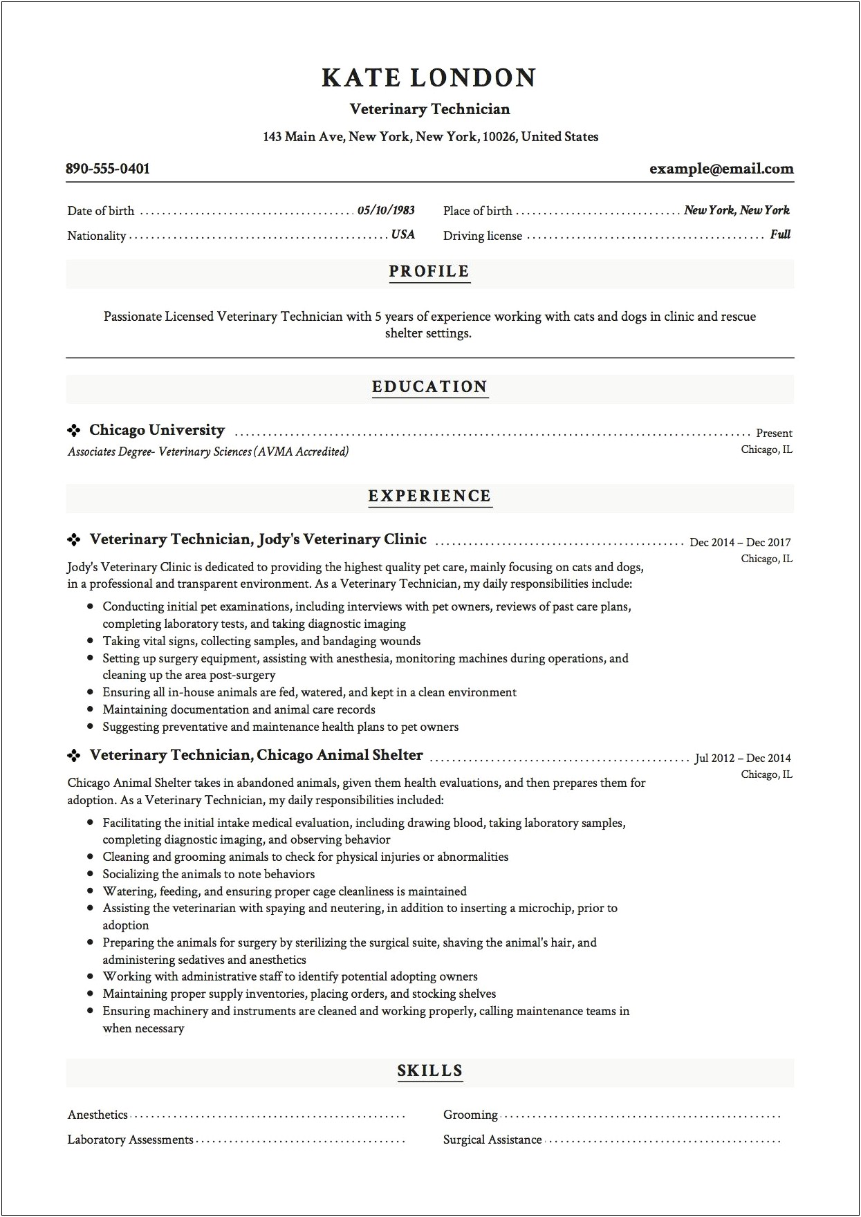 Sample Of A Vet Tech Resume
